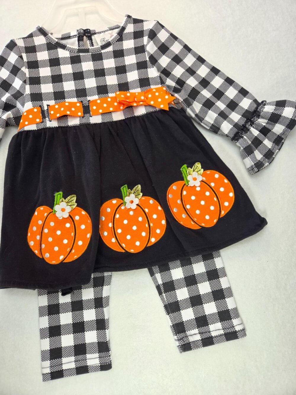 Rare Editions Black White Buffalo Plaid Pumpkin Dress Leggings Set Girls Sz 12M - Picture 3 of 9